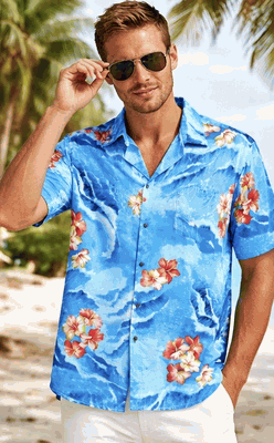 Hibiscus Wave Men's Tropical Shirt 3902Blue