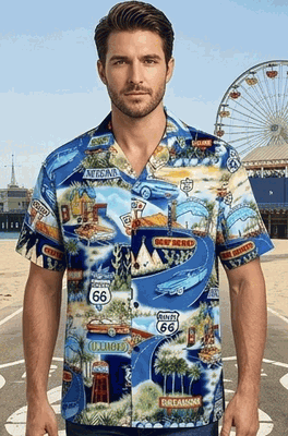 Historic Route 66 Mens Car Shirts Navy Historic Route 66 Mens Car Shirts Navy