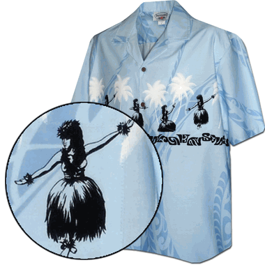 Hula Girls Dancing Chest Border Aloha Shirt Blue