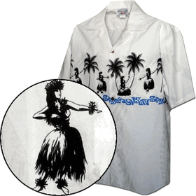 Hula Girls Dancing Chest Border Aloha Shirt White