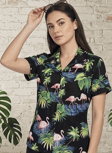 Island Flamingo Ladies Hawaiian Shirt Black