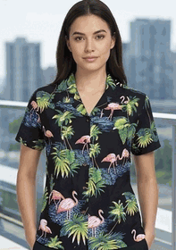 Island Flamingo Ladies Hawaiian Shirt Black