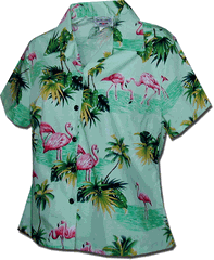 Island Flamingo Ladies Hawaiian Shirt Sage