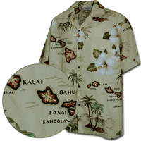 Island Shirts Khaki Hawaiian Maps Vintage Tropical 