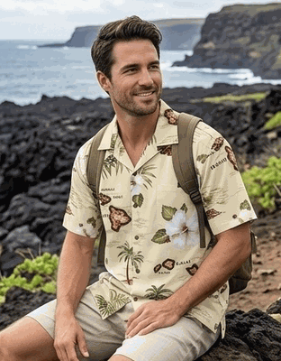 Island Shirts Khaki Hawaiian Maps Vintage Tropical 