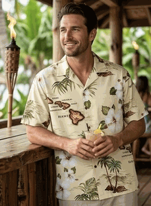 Island Shirts Khaki Hawaiian Maps Vintage Tropical 
