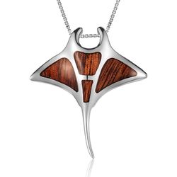 Koa Wood Polished Sterling Silver Manta Ray Pendant Hawaii