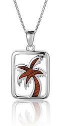 Koa Wood Sterling Silver Palm Tree Square Frame Pendant Hawaii