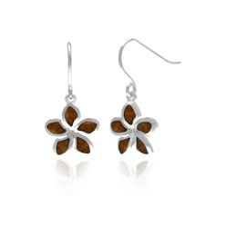 Koa Wood Sterling Silver Plumeria Tropical Flower Earrings Hawaii