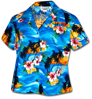 Ladies Blue Hawaiian Shirt  Waikiki Sunset
