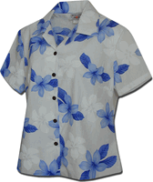 Ladies Camp Shirts Hawaiian Blue Plumerias