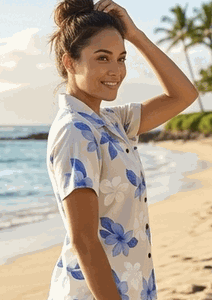 Ladies Camp Shirts Hawaiian Blue Plumerias