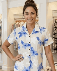 Ladies Camp Shirts Hawaiian Blue Plumerias