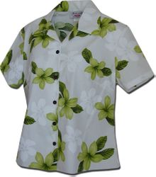 Ladies Camp Shirts Hawaiian Lime Plumerias