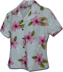 Ladies Camp Shirts Hawaiian Pink Plumerias