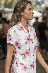 Ladies Camp Shirts Hawaiian Pink Plumerias