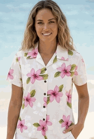 Ladies Camp Shirts Hawaiian Pink Plumerias