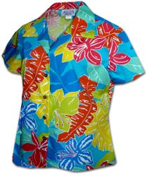 Ladies Fitted Aloha Shirts Tropical World Turquoise