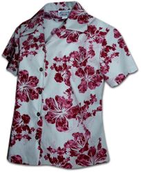 Ladies Fitted Hawaiian Shirt Tie Dye Hibiscus Raspberry