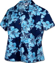 Ladies Fitted Hawaiian Shirts Tie Dye Hibiscus Blue