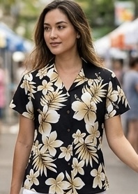 Ladies Hawaiian Shirt Native Hibiscus Black Ladies Hawaiian Shirt Native Hibiscus Black