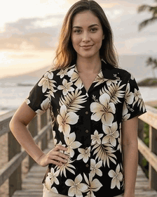 Ladies Hawaiian Shirt Native Hibiscus Black