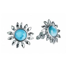 Larimar Blue Sterling Silver Sunflower Tropical Paradise Earrings