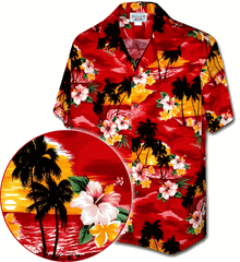 Matching Hawaiian Shirts (Red) Waikiki Sunset