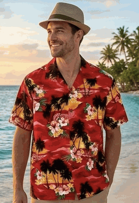Matching Hawaiian Shirts (Red) Waikiki Sunset
