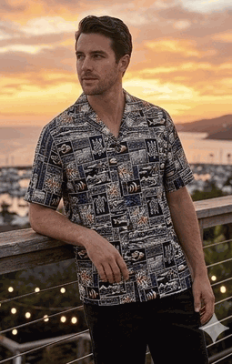Men's Aloha Hawaiian Shirt Navy Tropical Fish