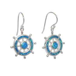 Opal Blue Sterling Silver Nautical Ship Wheel Dangling Earrings Hawaii