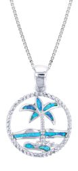 Opal Blue Sterling Silver Palm Tree Circle Pendant Hawaii