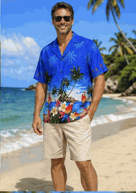 Parrot Beach Blue Cotton Hawaiian Shirts