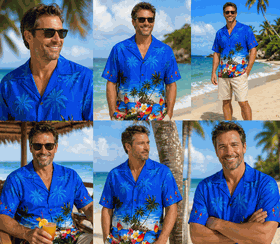 Parrot Beach Blue Cotton Hawaiian Shirts Parrot Beach Blue Cotton Hawaiian Shirts