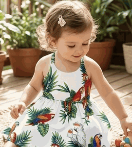 Parrot Toddler White Hawaiian Dress