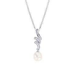 Pearl Drop Freshwater Cultured CZ Ribbon Sterling Silver Pendant