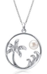Pearl Freshwater Cultured Sterling Silver Sunset Beach Waves Pendant Palm Tree