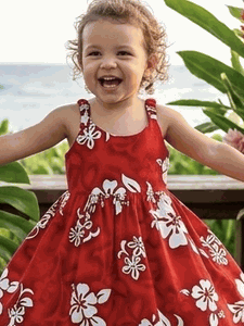 Red Toddlers Hawaiian Dress White Hibiscus