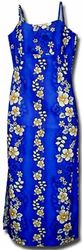 Royal Hibiscus Panel Spaghetti Long Hawaii Dress Blue (XS,S)
