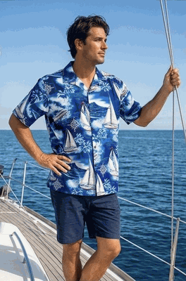 Sail Away Mens Hawaiian Shirts in Navy