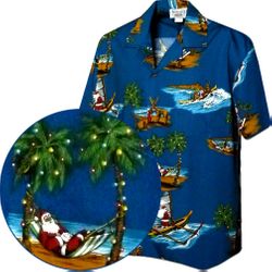 Santa in Paradise Christmas Hawaiian Shirt Navy