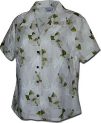 Simple Hibiscus Ladies Fitted Hawaiian Shirts White