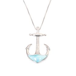 Sterling Silver Larimar Blue Anchor CZ Pendant and Chain