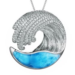 Sterling Silver Larimar Blue CZ Wave Circular Pendant Hawaii