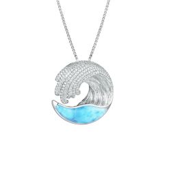 Sterling Silver Larimar Pave CZ Wave Circular Necklace Pendant