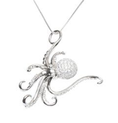 Sterling Silver Octopus Curl Tentacle CZ Pendant Necklace