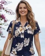 The Luau Ladies Navy Hawaiian Shirts