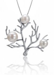 Three Pearl Freshwater Cultured Sterling Silver Coral Tree Pendant Hawaii