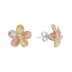 Sterling Silver Tricolor Gold Plated CZ Plumeria Stud Earrings Hawaii