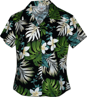 Tropical Monstera Ladies Hawaiian Shirts in Black